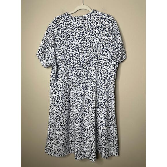 Lands End Dress 1X Blue White Floral Tie Cinched Waist Coastal Preppy Button - Picture 6 of 10